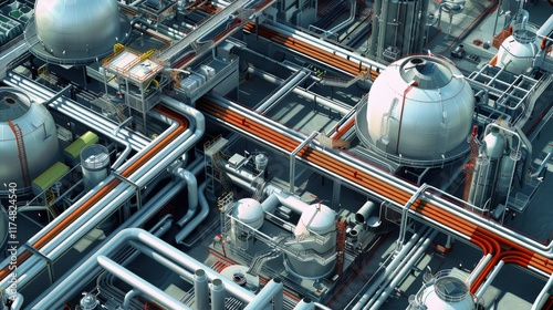 Futuristic Industrial Complex with Metallic Pipes and Domes