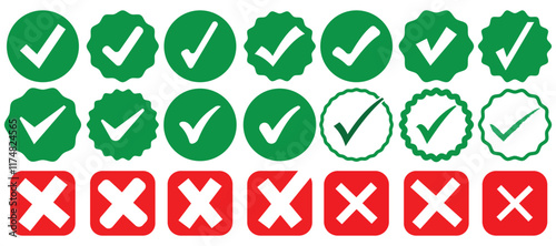 Green checkmark tick and red cross icon set. Checklist signs, approval badge, correct vote choice check box with right and wrong buttons and yes or no checkmark icons.