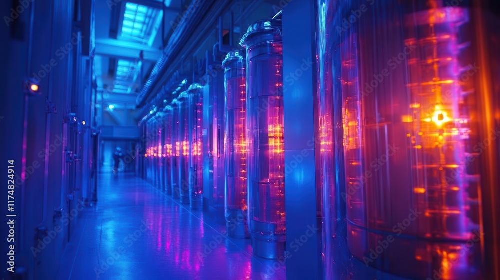 Fototapeta premium Rows of glowing servers in a data center.