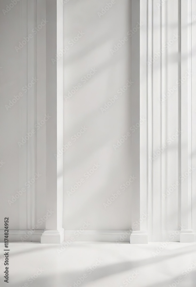 Fototapeta premium White backdrop with artistic vertical striped shadows making a visually intriguing composition, pattern, creative, composition, visual interest, contrast