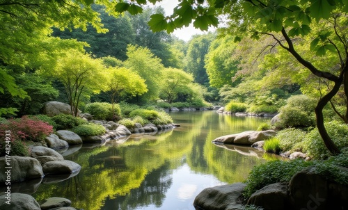 Tranquil river in a lush green park