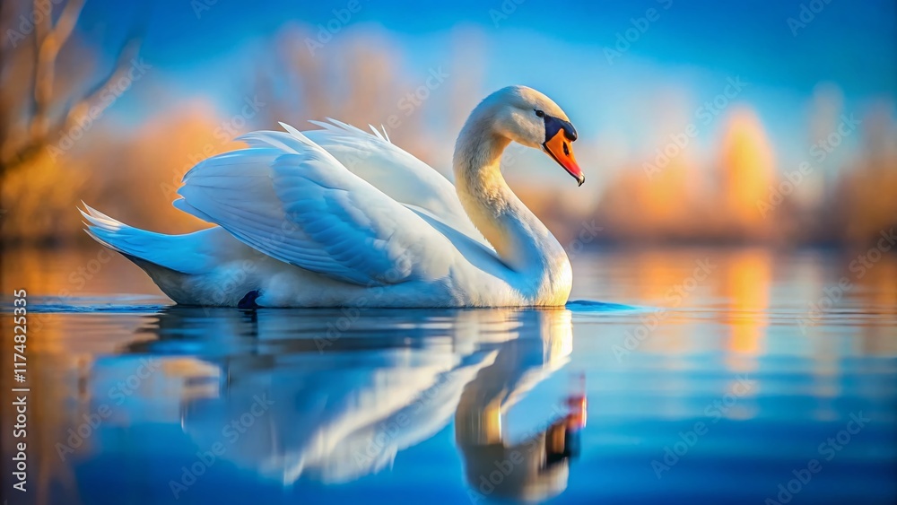 Fototapeta premium Elegant Blue-Necked Swan Floating on Serene Blue Water - Tilt-Shift Photography