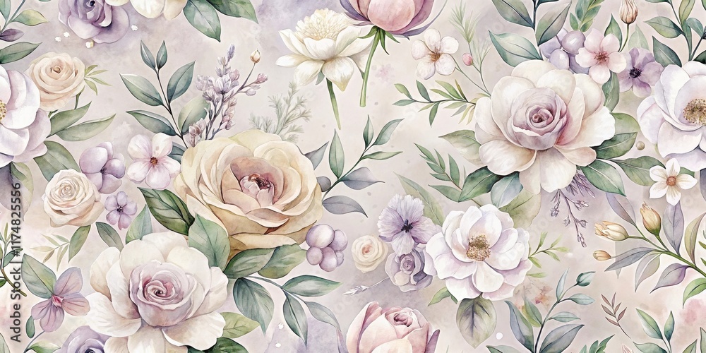 Fototapeta premium Elegant Watercolor Floral Pattern Featuring Delicate Roses and Assorted Blooms in Soft Pastel Hues