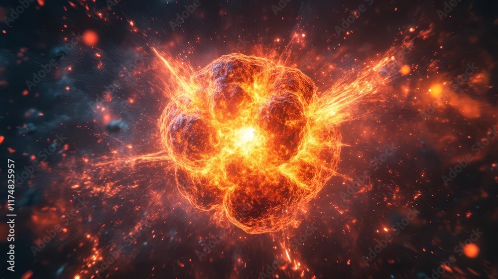 Energy release from nuclear fission, with particles breaking apart and a powerful glow Energy release from nuclear fission, with particles breaking apart and a powerful glow