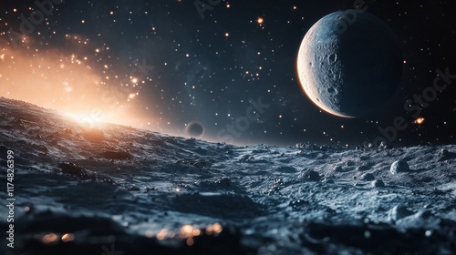 A stunning cosmic landscape showcasing a distant planet and starry sky over a lunar surface.