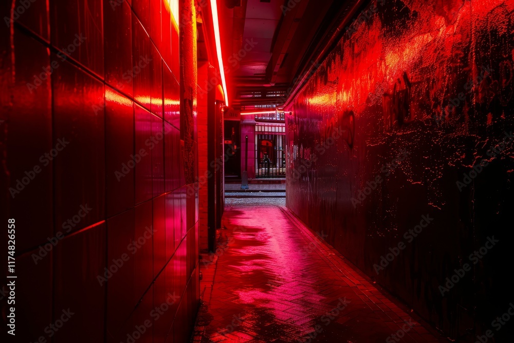 Naklejka premium Dark wet alleyway reflecting red neon light at night in the city