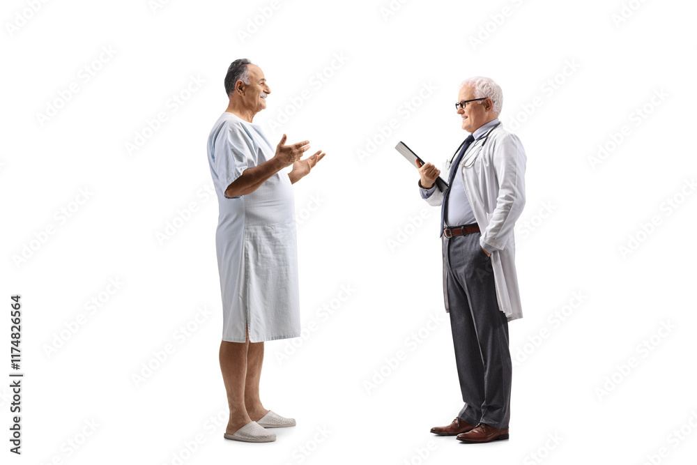 Patient in a hospital gown talking to a male physician Patient in a hospital gown talking to a male physician