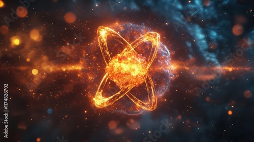 Abstract fiery atomic structure with glowing particles in space. photo