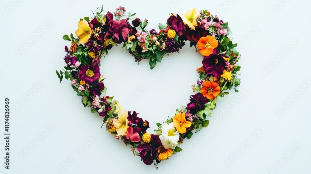 A heart outline created with a mix of multicolored flowers and leafy accents, perfect for Valentine's or spring themes, on a white background. A heart outline created with a mix of multicolored flowers and leafy accents, perfect for Valentine's or spring themes, on a white background.