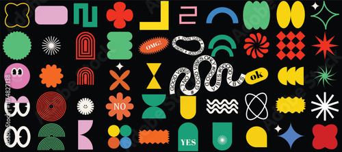 Naive playful groovy brutal shape. Modern Colorful swiss design abstract geometric shapes. Trendy retro 90s 70s cartoon style brutal contemporary shape sticker elements with waves, star, bubble, funky