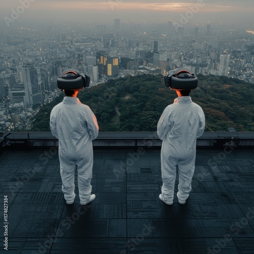 Two figures in protective suits gaze at a sprawling cityscape, merging themes of technology, isolation, and exploration. photo