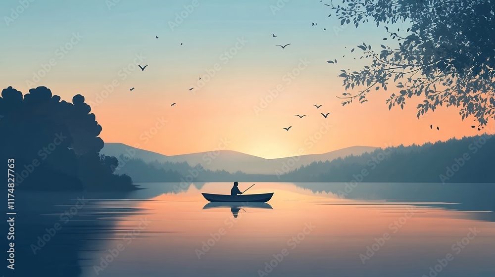 Fototapeta premium Serene Sunset Lake Scene Peaceful Fisherman in Rowboat