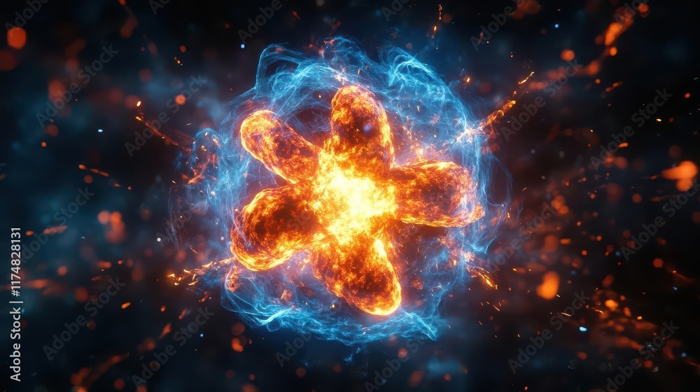 Fototapeta premium Abstract fiery explosion with glowing blue and orange particles.