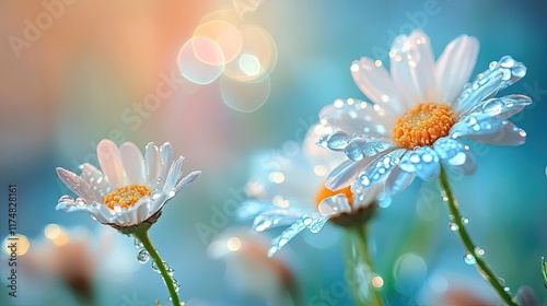 Dewdrops Adorn Vibrant White Daisies In Soft Light