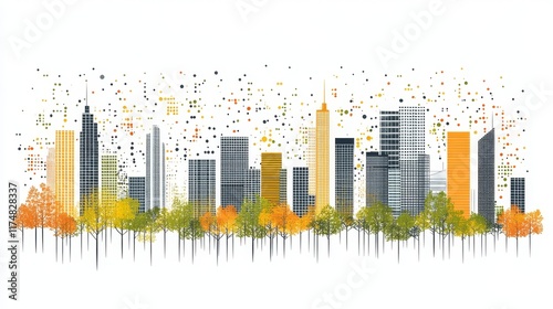 Autumnal Cityscape Stylized Urban Skyline with Fall Foliage and Birds photo