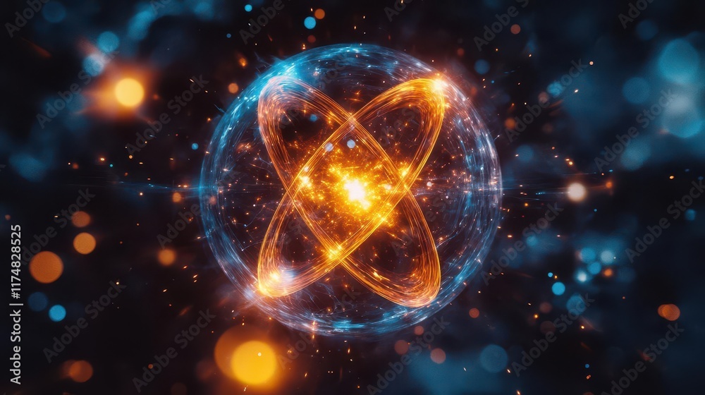 Obraz premium Abstract glowing sphere representing atomic structure with energy flowing through it.