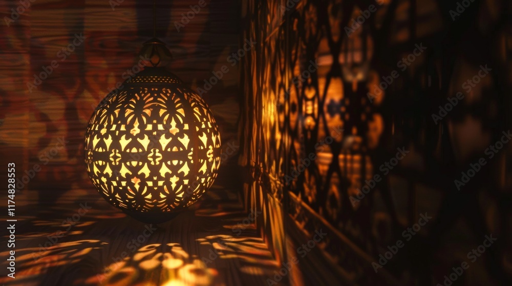 Fototapeta premium Ornate Lantern Casting Intricate Shadows in Warm Ambient Light