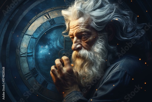 Portrait of a wise old man with long white hair and beard, contemplating the universe and time on a giant clock face