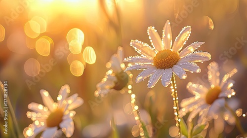 Dew Kissed Daisies Glowing In Golden Sunlight photo