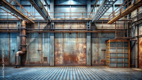 A Vast Industrial Interior with Aged Metal Walls, Rusty Pipes, and a Diamond Patterned Floor
