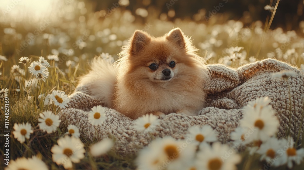 Fototapeta premium A fluffy Pomeranian dog relaxing on a cozy blanket in a field of daisies during sunset.