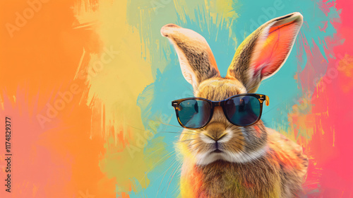 Cool bunny illustration with sunglasses on colorful background