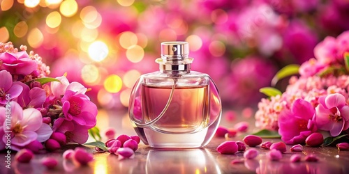 Elegant Pink Floral Perfume Bottle Still Life - Serene Fragrance Ad Image