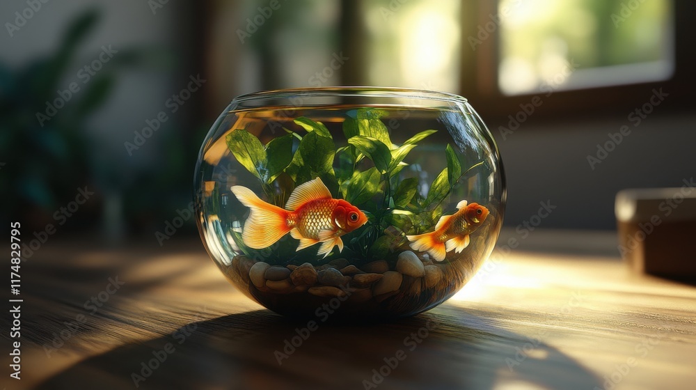 Two vibrant goldfish swim gracefully in a round glass bowl filled with greenery. Two vibrant goldfish swim gracefully in a round glass bowl filled with greenery.
