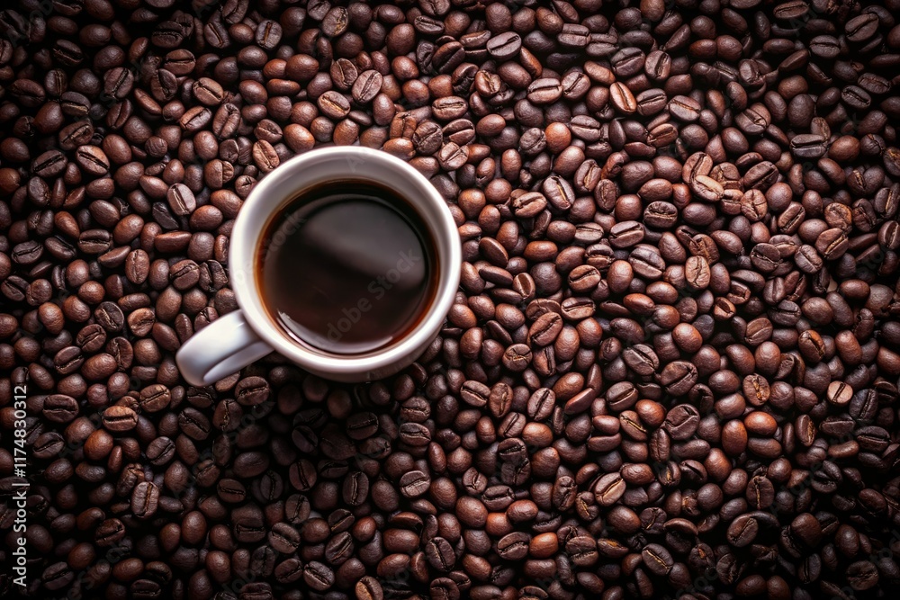 Overhead view: aromatic coffee beans surrounding a pristine white coffee cup. Overhead view: aromatic coffee beans surrounding a pristine white coffee cup.