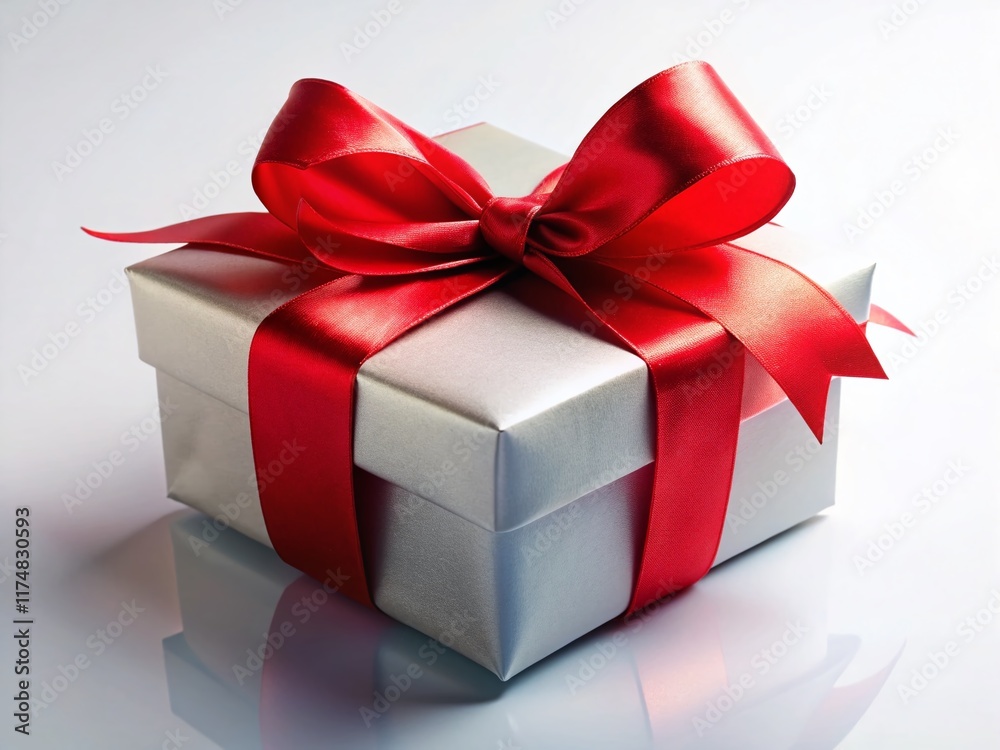 Obraz premium Elegant Red Ribbon Gift Box on White Background - Luxury Present Photography