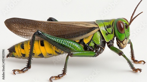 Vibrant green and yellow grasshopper isolated on white.