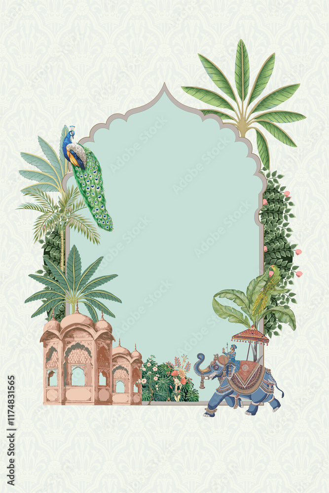 custom made wallpaper toronto digitalTraditional Indian Jaipur style decorative arch, palace garden themed wedding frame with elephant, peacock, flower illustration