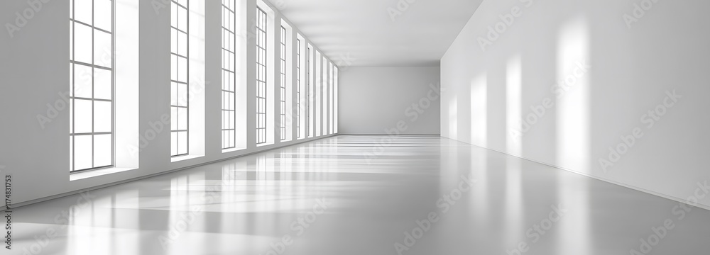 Fototapeta premium A sleek and spacious exhibition hall with smooth floors, white walls, and ample lighting, offering an ideal backdrop for products and textual content