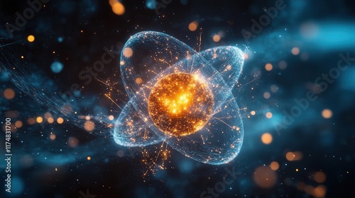 Abstract digital representation of an atom with glowing nucleus and orbiting electrons.