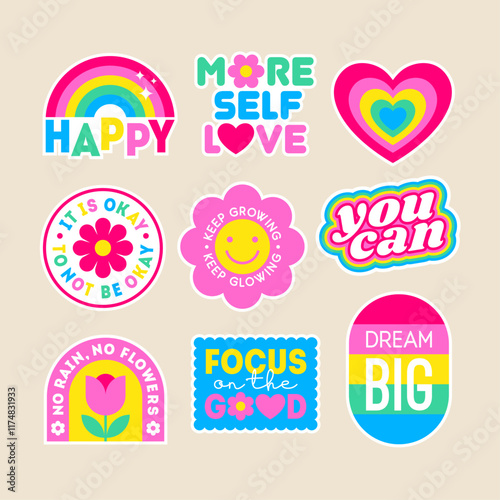 Set of positive thinking concept stickers design. Encourage quotes lettering with cute elements.