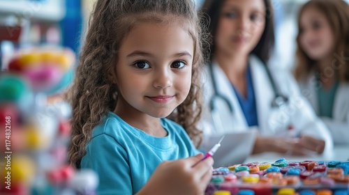 A smiling young girl immersed in a colorful world of play, showcasing innocence and creativity, in a lively atmosphere that inspires imagination and joy. photo