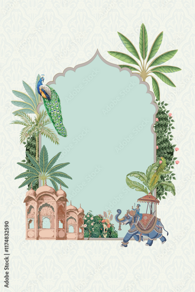 custom made wallpaper toronto digitalTraditional Indian Jaipur style decorative arch, palace garden themed wedding frame with elephant, peacock, flower illustration