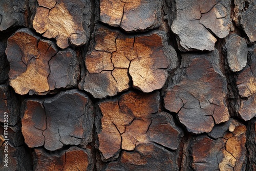 Texture of weathered wood bark showcasing rich colors and intricate patterns under natural light photo