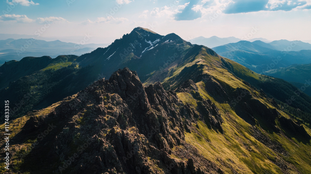 Breathtaking Aerial View of Rocky Mountain Range with Lush Greenery and Vivid Sky, Capturing Nature's Splendor in a Majestic Landscape Setting