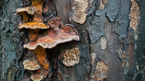 Close-up of Vibrant Fungi Growing on Tree Trunk Showcasing Diverse Textures and Colors, Perfect for Nature and Biotic Studies or Artistic Inspirations photo