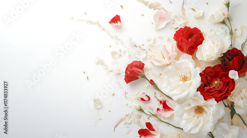 Red and white roses peonies and white marble