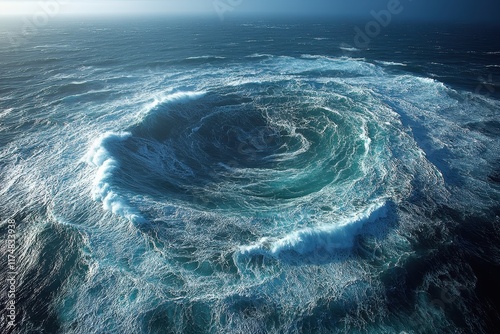 Powerful whirlpool forms in deep ocean waters during a stormy day