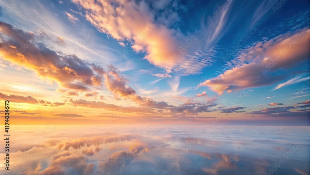 Fototapeta premium Serene Sunset Panorama A breathtaking view of a colorful sky reflecting on tranquil waters, showcasing vibrant hues of orange, pink, and blue in a mesmerizing natural spectacle.