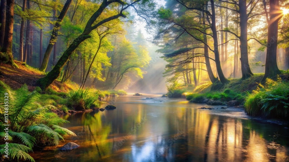 Serene Dawn Sunlight Illuminates a Tranquil River Winding Through a Lush, Misty Forest, Reflecting Golden Hues on the Water's Surface Serene Dawn Sunlight Illuminates a Tranquil River Winding Through a Lush, Misty Forest, Reflecting Golden Hues on the Water's Surface