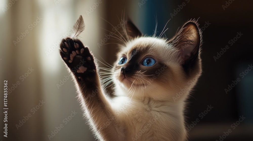 Fototapeta premium Playful Siamese kitten reaching for a feather with bright blue eyes and soft fur.