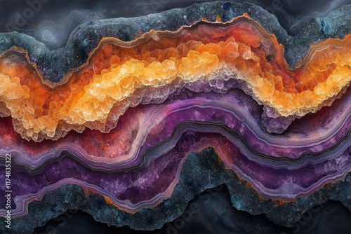 Beautifully layered agate stone with vibrant orange, purple, and black hues showcasing natural patterns and textures photo