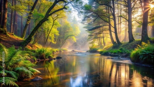 Serene Dawn Sunlight Illuminates a Tranquil River Winding Through a Lush, Misty Forest, Reflecting Golden Hues on the Water's Surface