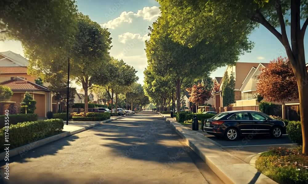 A serene suburban street lined with trees and houses, bathed in warm sunlight. A serene suburban street lined with trees and houses, bathed in warm sunlight.