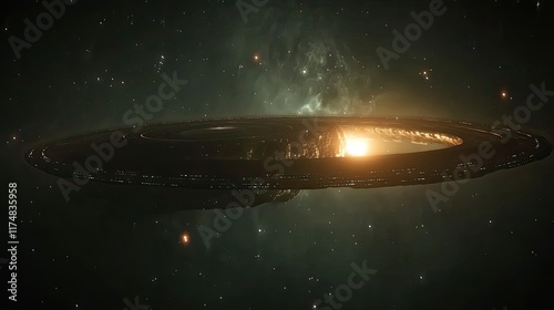 Fototapeta Naklejka Na Ścianę i Meble -  Gigantic Ring Shaped Space Station Orbits Distant Star