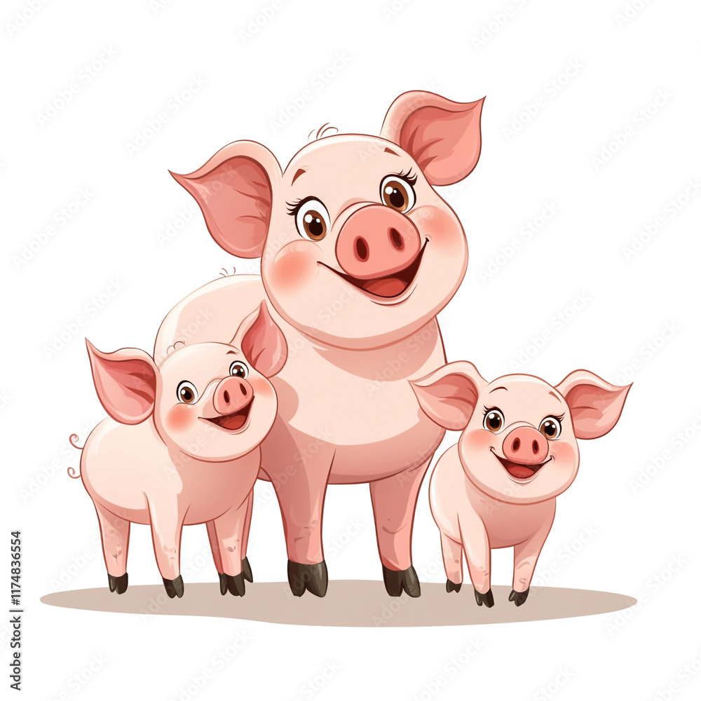 Obraz premium Adorable Pig Family: A Charming Cartoon Illustration of a Mother Pig and Her Two Piglets